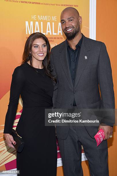 Professional soccer player Hope Solo and professional football player Jerramy Stevens attend the "He Named Me Malala" New York premiere at Ziegfeld...