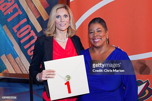 Laurel J. Richie, President of the WNBA, and Jenny Boucek of the Seattle Storm pose for a photo to announce the 1st overall pick during the 2015 WNBA...
