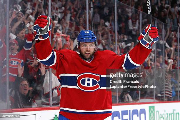 Thomas Vanek of the Montreal Canadiens celebrates his second-period goal against the Boston Bruins in Game Six of the Second Round of the 2014 NHL...
