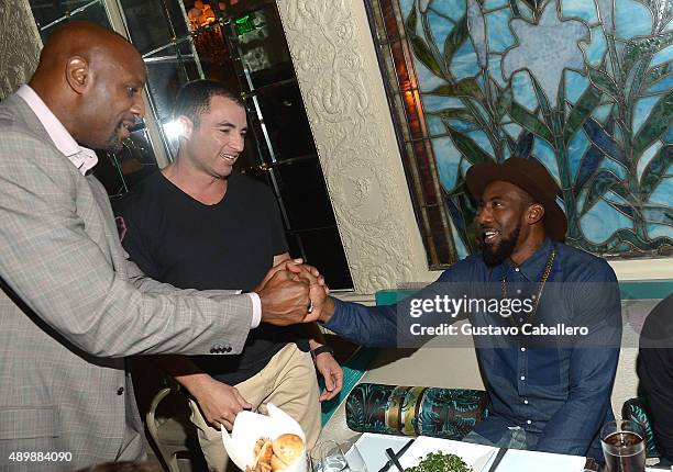 Alonzo Mourning, Chris Paciello and basketball player Amar'e Stoudemire attend DuJour Magazine's Jason Binn & The Forge's Shareef Malnik Welcome...