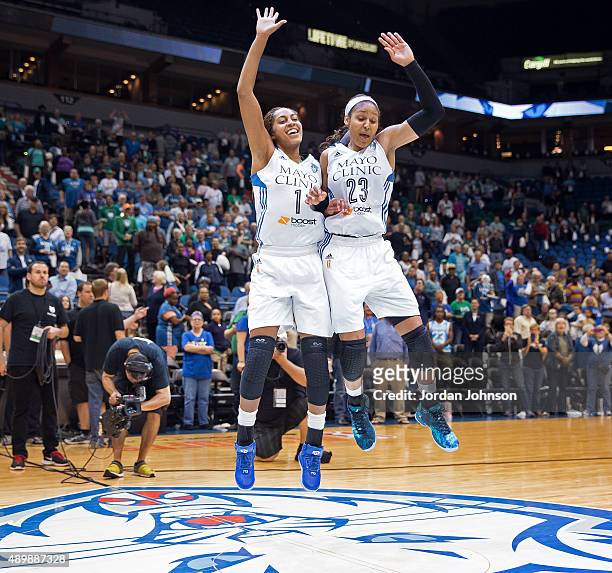 Maya Moore and Shae Kelley of the Minnesota Lynx celebrate after Game One of the WNBA Western Conference Finals against the Phoenix Mercury on...