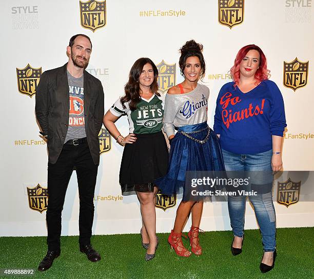 Host Michael Stauffer, bloggers Heather Zeller, Christine Bibbo Herr and Liz Black attend the NFL Women's Style Showdown on September 24, 2015 in New...