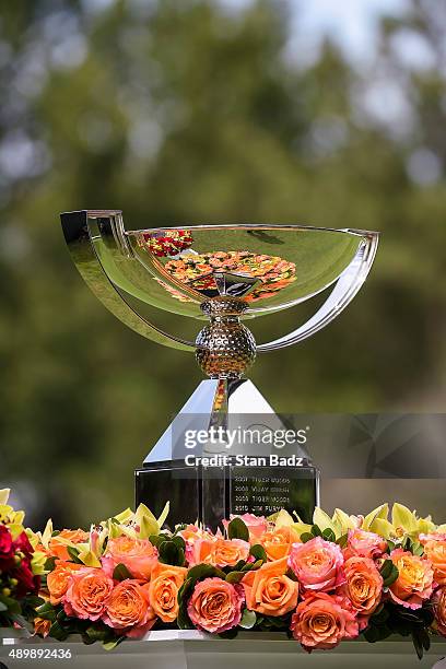 The FedExCup trophy sits on display on the first hole tee box during the first round of the TOUR Championship by Coca-Cola, the final event of the...