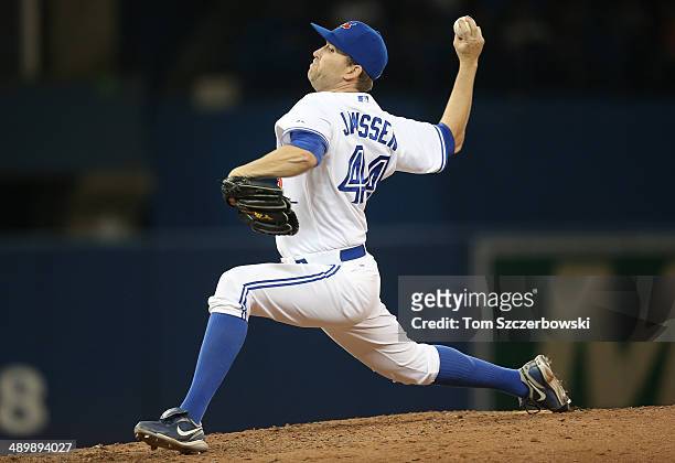 Casey Janssen of the Toronto Blue Jays delivers a pitch in the ninth inning during MLB game action against the Los Angeles Angels of Anaheim on May...