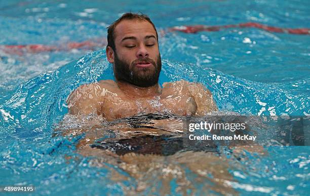 Brett Stewart in action during a Manly Sea Eagles NRL pool session at Warringah Aquatic Centre on May 13, 2014 in Sydney, Australia.