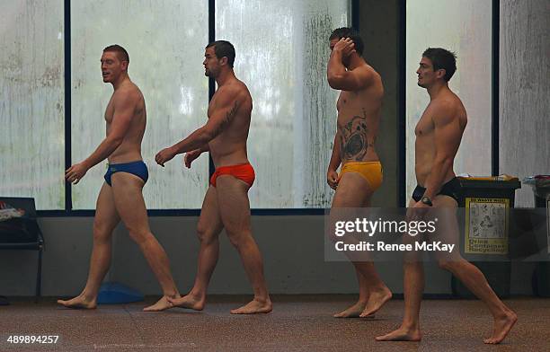 Tom Symonds, Brenton Lawrence, Cheyse Blair and Matt Balin make their way to the water during a Manly Sea Eagles NRL pool session at Warringah...