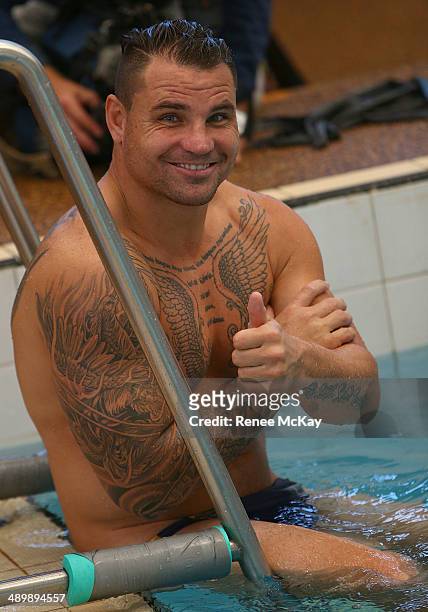 Anthony Watmough gives a thumbs up during a Manly Sea Eagles NRL pool session at Warringah Aquatic Centre on May 13, 2014 in Sydney, Australia.