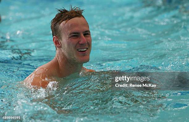 Daly Cherry Evans smiles during a Manly Sea Eagles NRL pool session at Warringah Aquatic Centre on May 13, 2014 in Sydney, Australia.