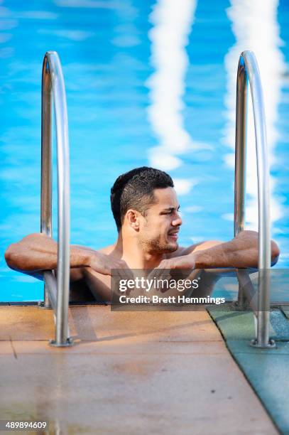 Jarryd Hayne of the Eels looks on during a Parramatta Eels NRL recovery session at Pirtek Stadium on May 13, 2014 in Sydney, Australia.