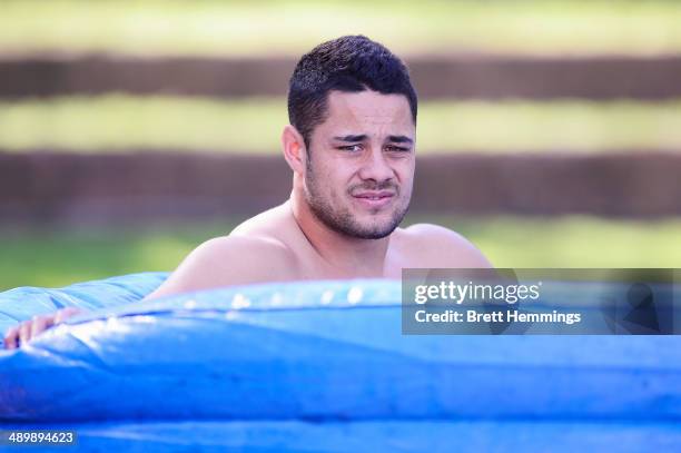 Jarryd Hayne of the Eels sits in an ice bath during a Parramatta Eels NRL recovery session at Pirtek Stadium on May 13, 2014 in Sydney, Australia.