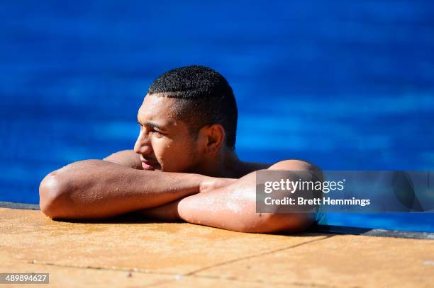 Pauli Pauli of the Eels looks on during a Parramatta Eels NRL recovery session at Pirtek Stadium on May 13, 2014 in Sydney, Australia.