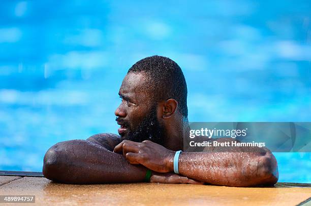 Semi Radradra of the Eels looks on during a Parramatta Eels NRL recovery session at Pirtek Stadium on May 13, 2014 in Sydney, Australia.