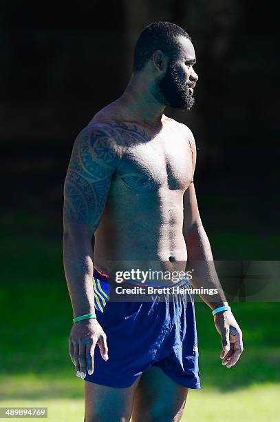 Semi Radradra of the Eels looks on during a Parramatta Eels NRL recovery session at Pirtek Stadium on May 13, 2014 in Sydney, Australia.