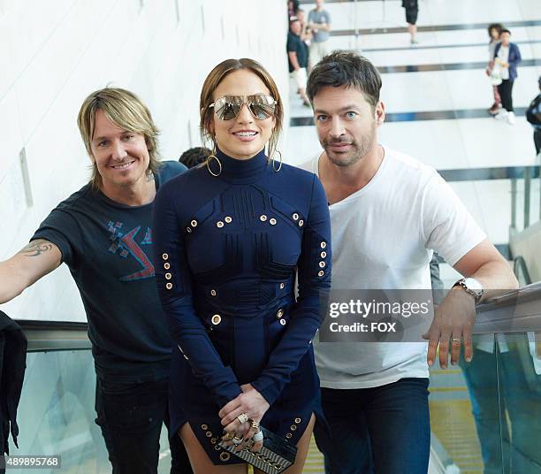 Judges Keith Urban, Jennifer Lopez and Harry Connick, Jr., at the taping of American Idol XV on Aug. 15 in Philadelphia. PA.