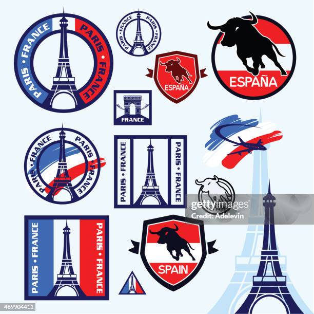 travel stamps paris and spain - running of the bulls stock illustrations