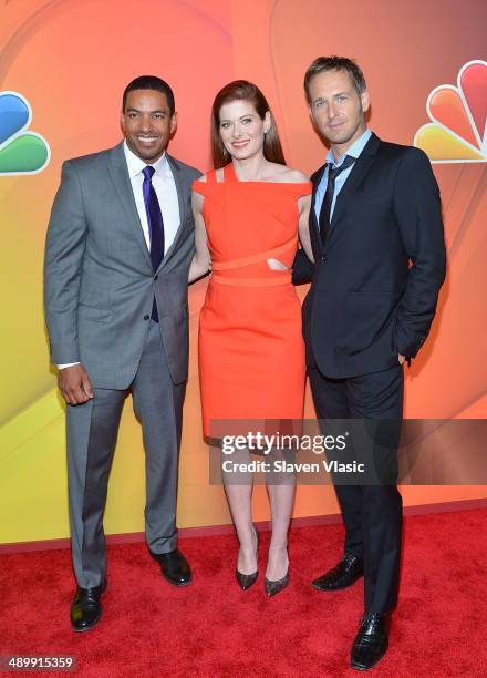 Laz Alonso, Debra Messing and Josh Lucas attend the 2014 NBC Upfront Presentation at The Jacob K. Javits Convention Center on May 12, 2014 in New...