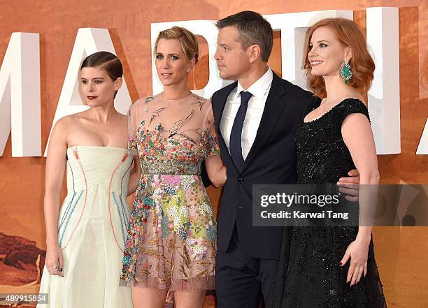 Kate Mara, Kristen Wiig, Matt Damon and Jessica Chastain attend the European premiere of "The Martian" at Odeon Leicester Square on September 24,...