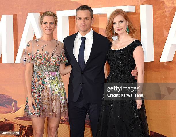 Kristen Wiig, Matt Damon and Jessica Chastain attend the European premiere of "The Martian" at Odeon Leicester Square on September 24, 2015 in...