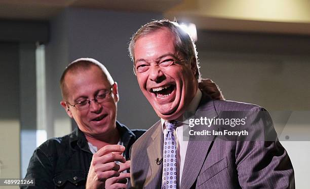 Independence Party leader Nigel Farage takes part in Media interviews at Doncaster Racecourse at the start of the UK Independence Party annual...