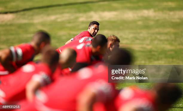 Benji Marshall watches on during a drill during a St George Illawarra Dragons NRL training session at WIN Stadium on May 13, 2014 in Wollongong,...