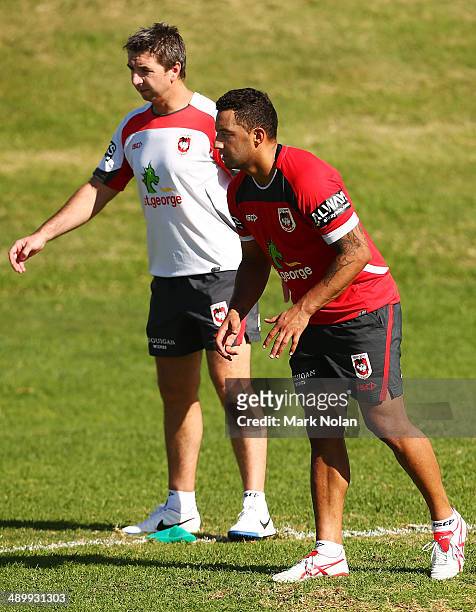 Dragons coach Steve Price watches Benji Marshall take part in a defensive drill during a St George Illawarra Dragons NRL training session at WIN...