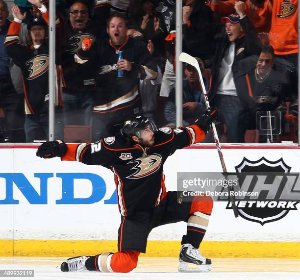 Mathieu Perreault of the Anaheim Ducks reacts after his second period goal against the Los Angeles Kings in Game Five of the Second Round of the 2014...