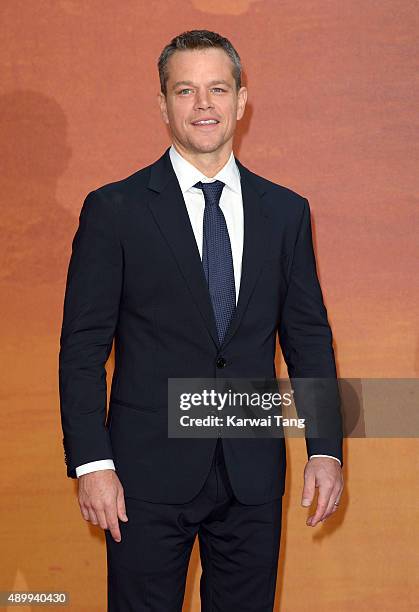 Matt Damon attends the European premiere of "The Martian" at Odeon Leicester Square on September 24, 2015 in London, England.