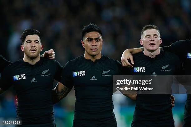 Nehe Milner-Skudder, Malakai Fekitoa and Colin Slade Owen Franks of the All Blacks the All Blacks during the 2015 Rugby World Cup Pool C match...