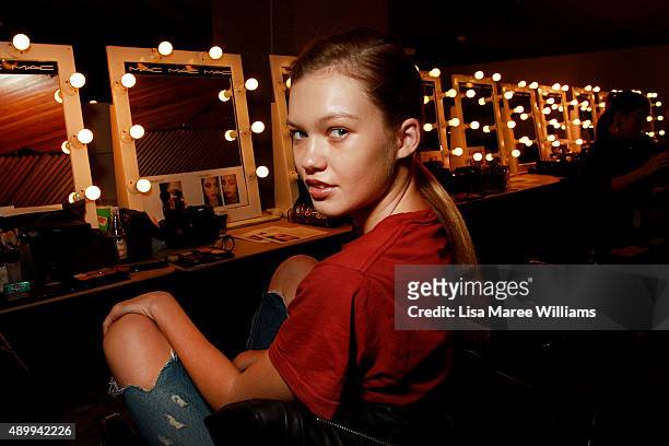 Model prepares backstage ahead of the Australian Luxe show during Mercedes-Benz Fashion Festival Sydney 2015 at Sydney Town Hall on September 25,...