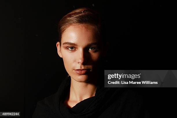 Model poses backstage ahead of the Australian Luxe show during Mercedes-Benz Fashion Festival Sydney 2015 at Sydney Town Hall on September 25, 2015...