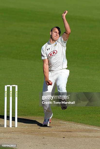 Tom Curran of Surrey bowls during the LV County Championship - Division Two match between Surrey and Northamptoshire at The Kia Oval on September 25,...