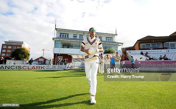Alfonso Thomas of Somerset leads the team out during his final match as a Somerset player after spending 8 years with the county during the LV County...