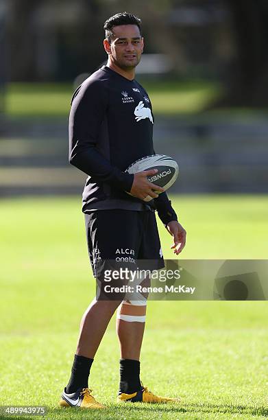 John Sutton arrives for a South Sydney Rabbitohs NRL training session at Redfern Oval on May 13, 2014 in Sydney, Australia.