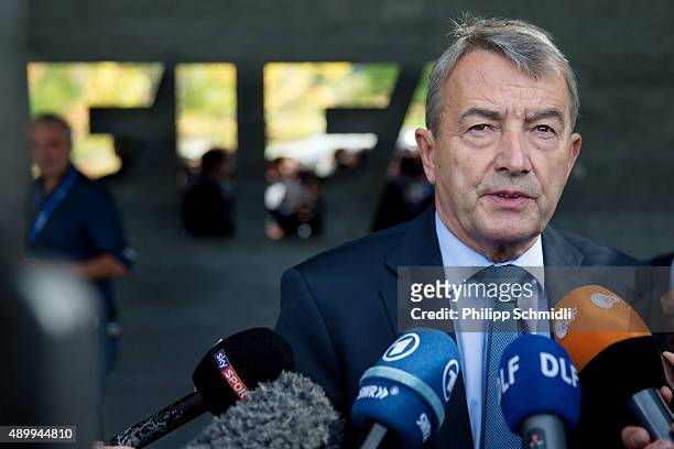 President Wolfgang Niersbach speaks to journalists prior to the FIFA Executive Committee meeting press conference at the FIFA headquarters on...