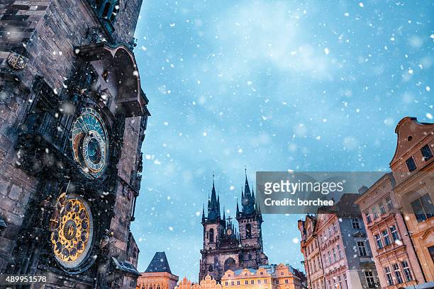 snowfall on old town square in prague - prague stock pictures, royalty-free photos & images