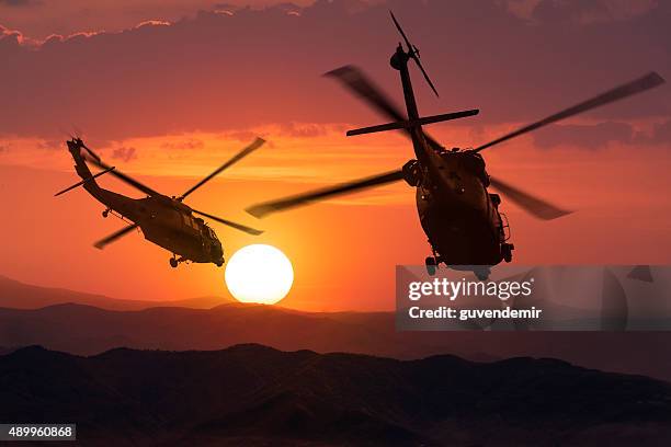 dos flying ejército helicópteros en la puesta de sol de fondo - military helicopter fotografías e imágenes de stock