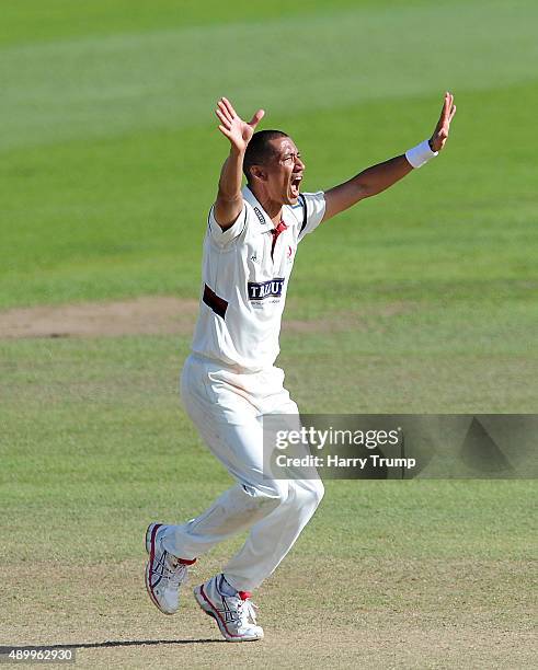 Alfonso Thomas of Somerset appeals during the LV County Championship match between Somerset and Warwickshire at the County Ground on September 25,...