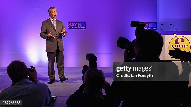 Independence Party leader Nigel Farage speaks to party members and supporters during the UK Independence Party annual conference at Doncaster...