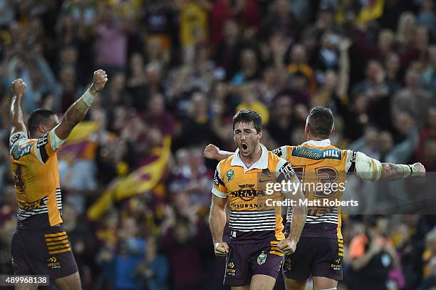 Ben Hunt of the Broncos celebrate victory after the NRL First Preliminary Final match between the Brisbane Broncos and the Sydney Roosters at Suncorp...