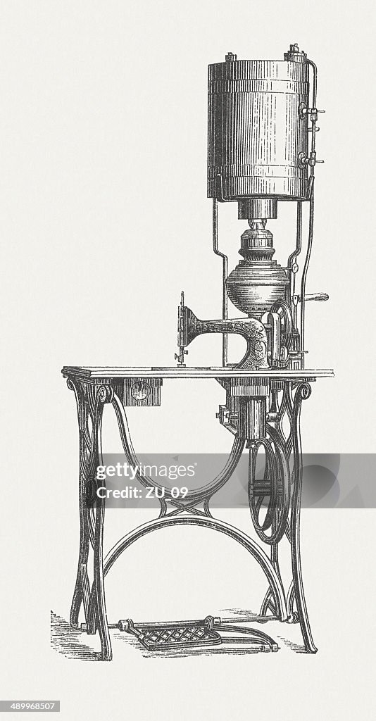 Steam-powered sewing machine by Louis Heinrici, Germany, published 1884
