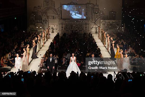 Model showcases designs during the Red Carpet show at Mercedes-Benz Fashion Festival Sydney 2015 at Sydney Town Hall on September 25, 2015 in Sydney,...