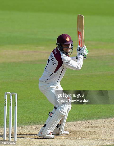 Adam Rossington of Northamptonshire bats during the LV County Championship - Division Two match between Surrey and Northamptoshire at The Kia Oval on...