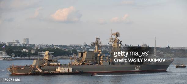 Picture taken on July 31, 2011 shows the Moskva guided missile cruiser participating in a Russian military Navy Day parade near an important navy...