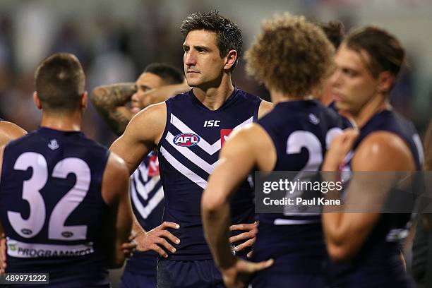 Matthew Pavlich of the Dockers looks on after being defeated during the AFL First Preliminary Final match between the Fremantle Dockers and the...