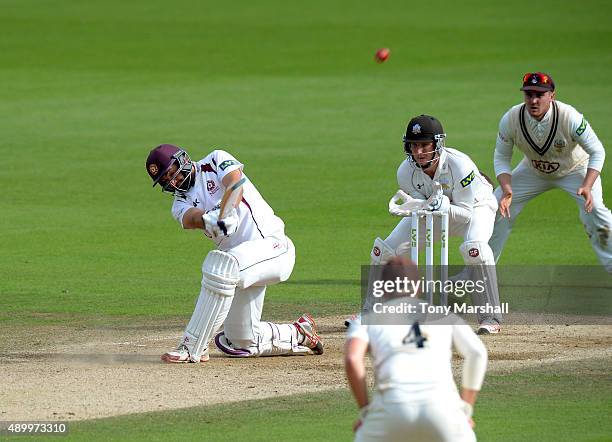 David Murphy of Northamptonshire hits a six during the LV County Championship - Division Two match between Surrey and Northamptoshire at The Kia Oval...