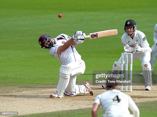 David Murphy of Northamptonshire hits a shot during the LV County Championship - Division Two match between Surrey and Northamptoshire at The Kia...