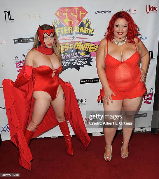 Adult film actors Aiden Starr as Scarlet Witch and April Flores at FSC After Dark "Capes & Panties" A Superhero Costume & Lingerie Auction and Silent...