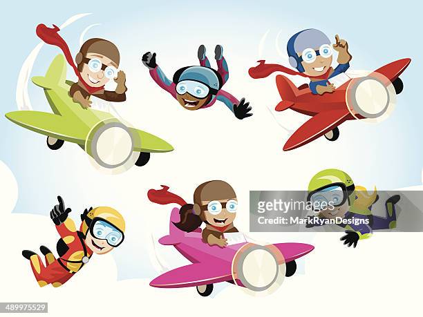 illustrations, cliparts, dessins animés et icônes de pilote/skydiver les enfants - saut en parachute