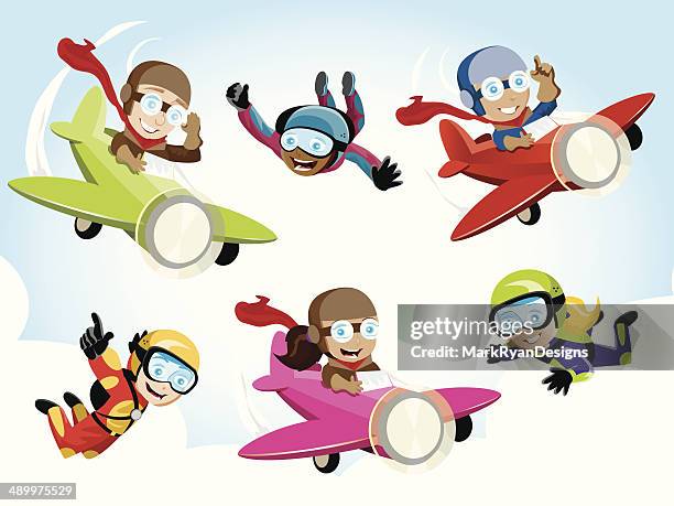 pilot/skydiver kids - piloting stock illustrations