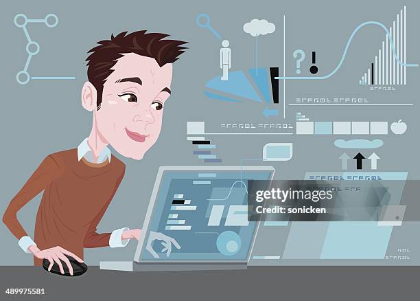 data analysis - older man using computer stock illustrations